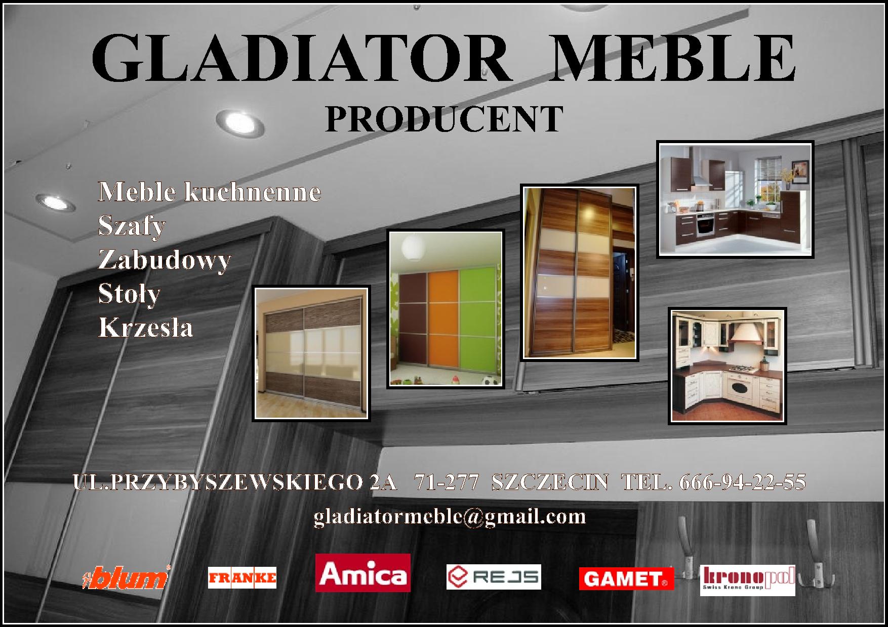 Kompozycja z miniatur mebli: szafy przesuwne z różnymi frontami, kuchnie w zabudowie, adres firmy Gladiator Meble, logotypy Blum, Franke, Amica, Rejs, Gamet i Kronopol.